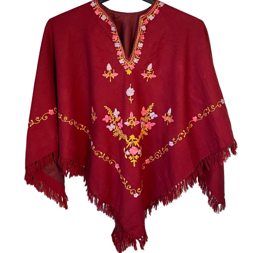 Kashmiri Wool Poncho Flower Embroidery Burgundy Maroon Red